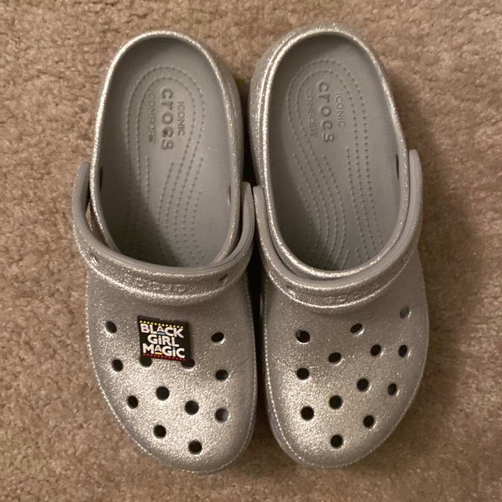 Womens Silver glitter wedge crocs